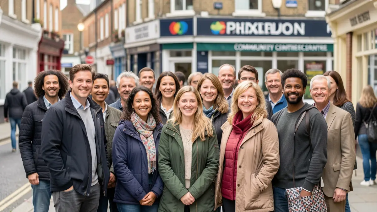 Generic image of a diverse group of people standing together on a London street.