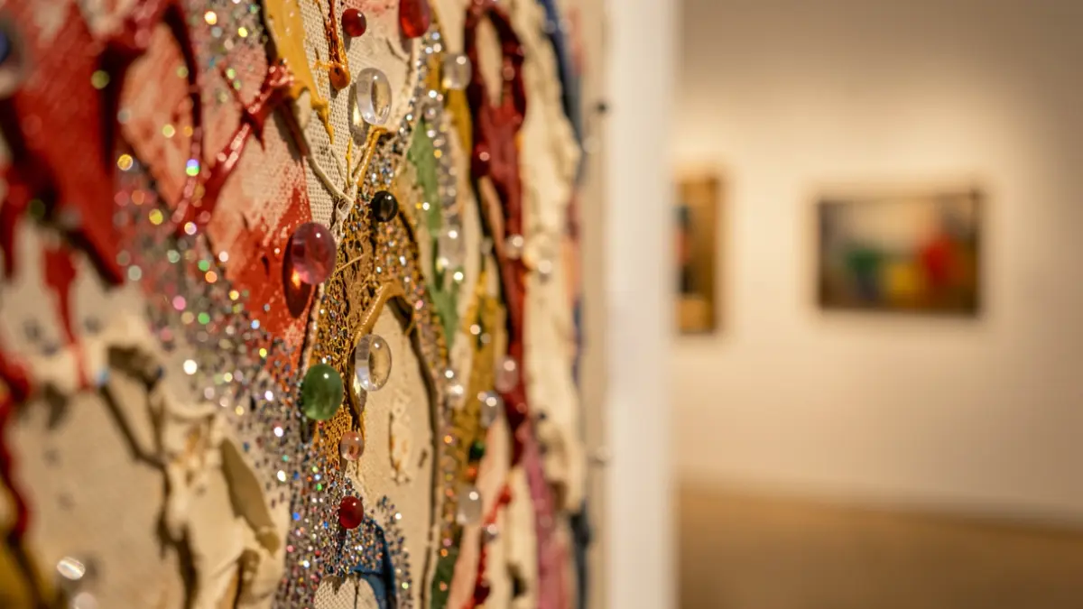 Generic image of a richly layered abstract artwork with textured surfaces, featuring glitter, glass beads, and oil on canvas, against a blurred gallery background. Warm, soft lighting.
