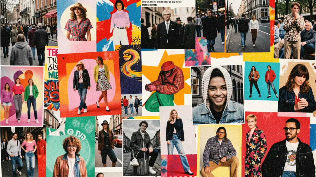 Abstract collage representing 1990s British art, fashion, and photography.