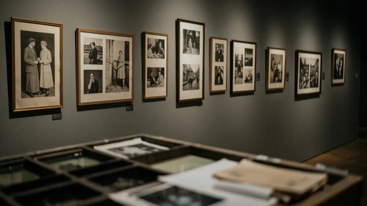 Vintage framed photographs displayed in a dimly lit art gallery, with a darkroom setup in the foreground.