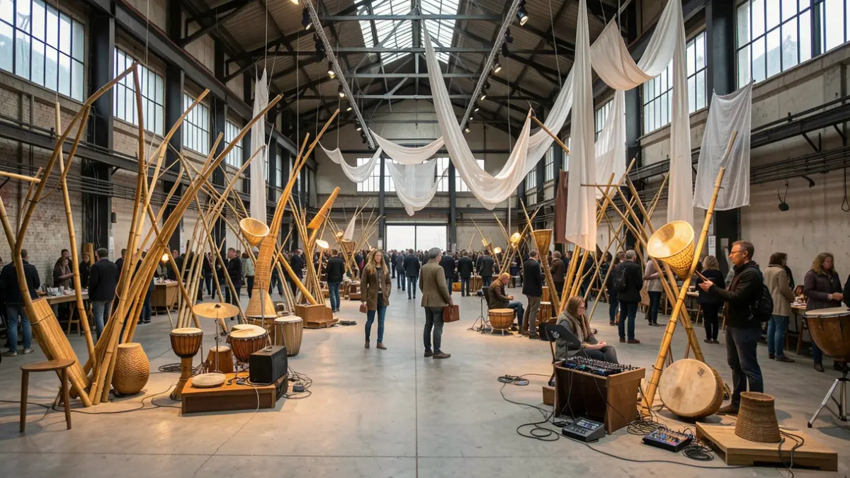 An immersive sonic installation in a large industrial hall, featuring sculptures, instruments, and suspended textiles.