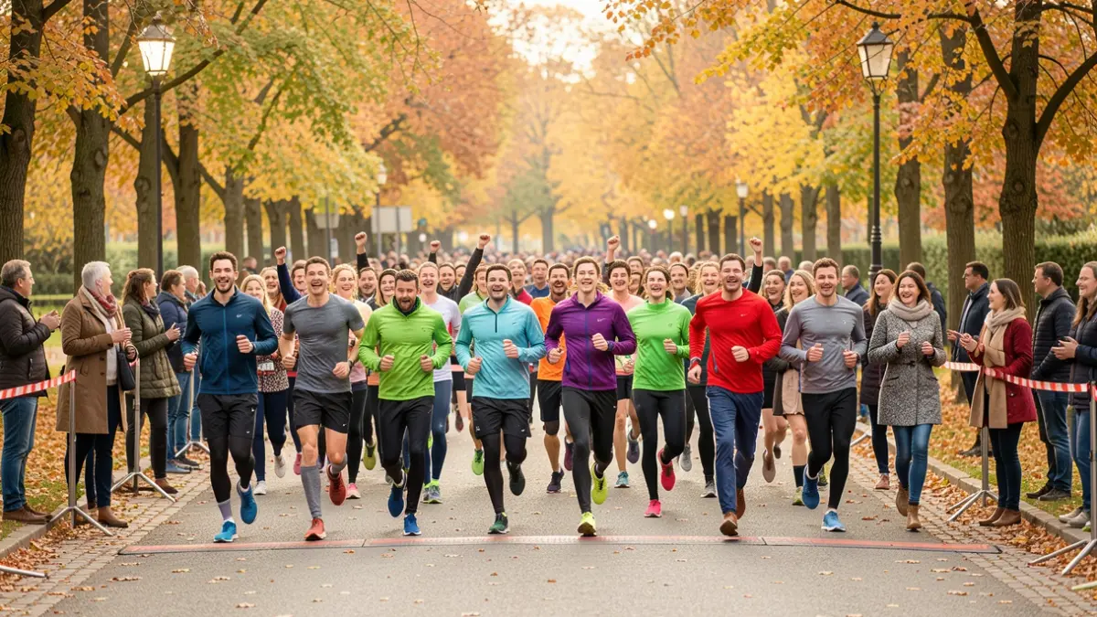 Generic image of runners celebrating at a finish line in a park during autumn.