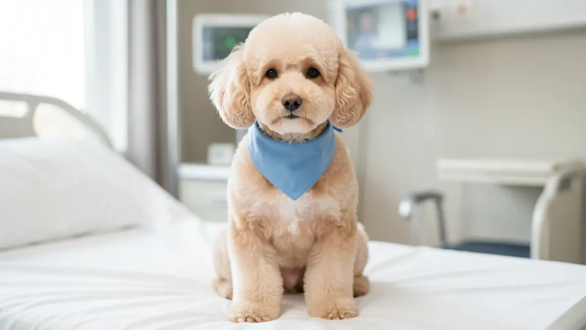 Generic image of a Cavapoo dog sitting on a hospital bed.