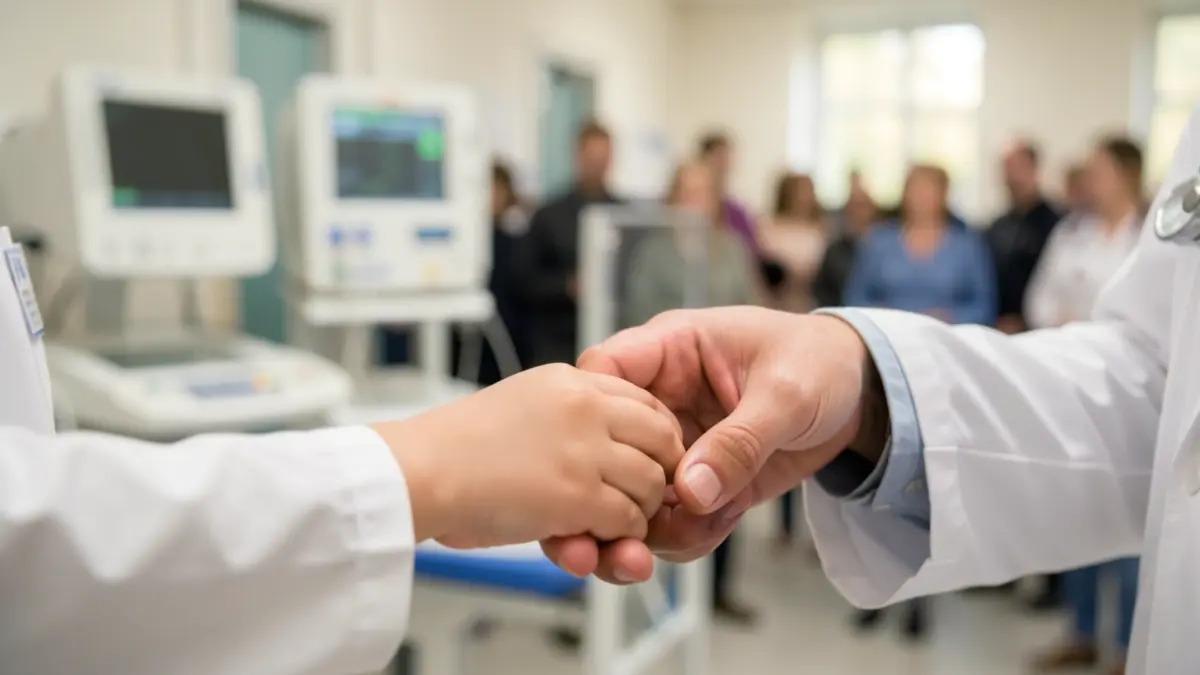 A child's hand being held by a medical professional during a trial.