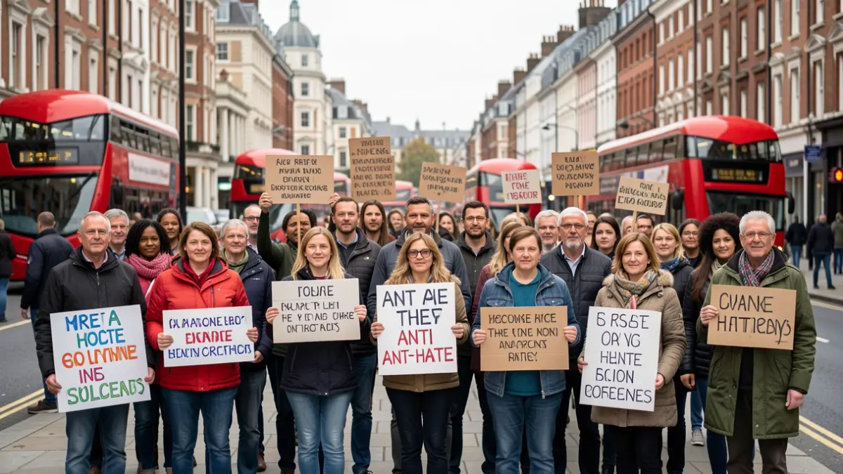 A diverse group of people holding anti-hate signs on a London street.