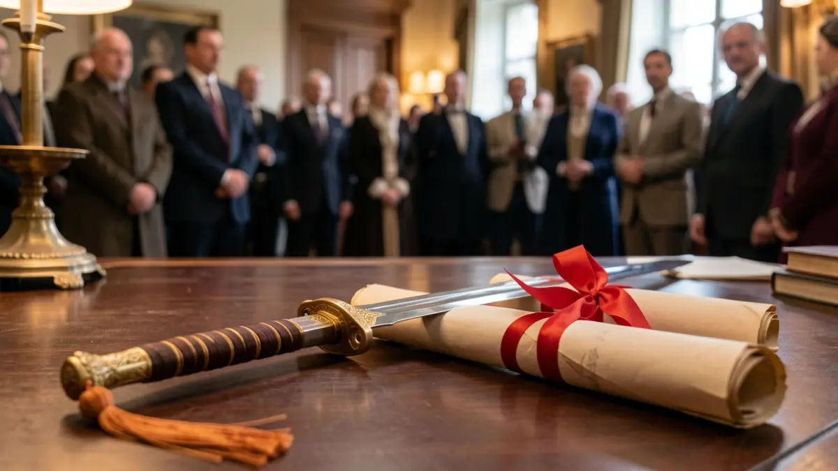 Generic image of a ceremonial sword and a scroll on a desk.