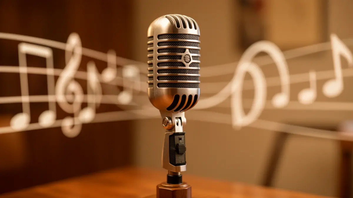 Generic image of a vintage microphone with abstract musical notes in the background.