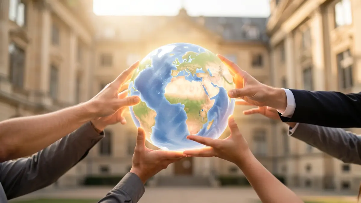 Generic image of diverse hands reaching towards a glowing globe, with blurred university buildings in the background.