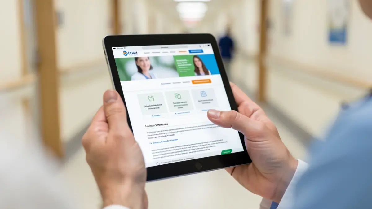 Generic image of a medical professional's hands using a tablet displaying a health website.