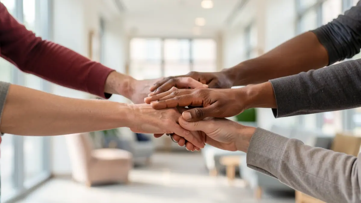 Diverse hands reaching towards each other, symbolizing connection and support in mental health care.