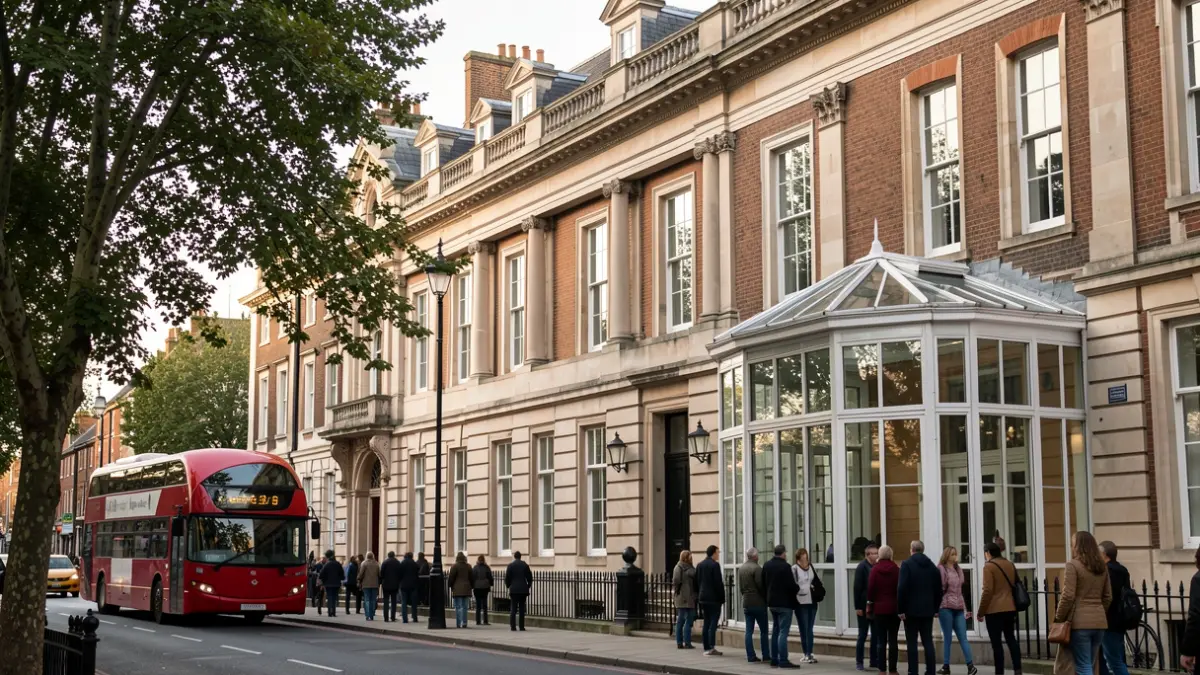 Wallington Library, a historic building with a modern conservatory, on a London street.