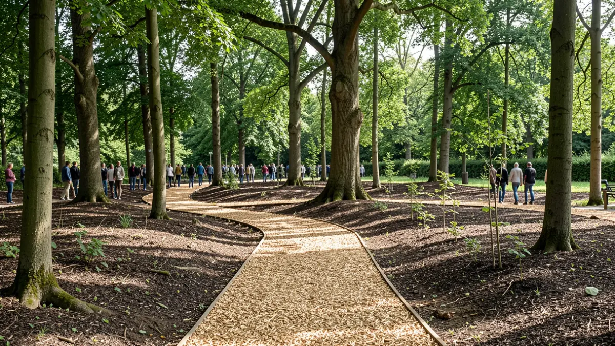 Woodland path enhancement project on Wandsworth Common, featuring new woodchip trails and selective tree thinning for biodiversity.