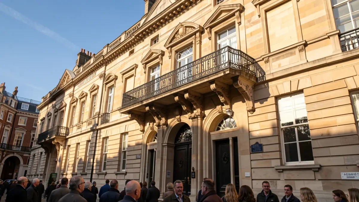 Generic image of a town hall facade with a balcony and railings, in warm afternoon sunlight under a blue sky.