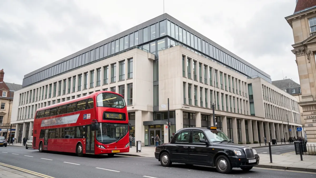 Wandsworth Council building exterior with a red bus and black taxi.