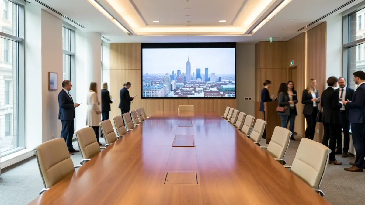 Generic image of a modern London conference room with a screen displaying a city skyline.