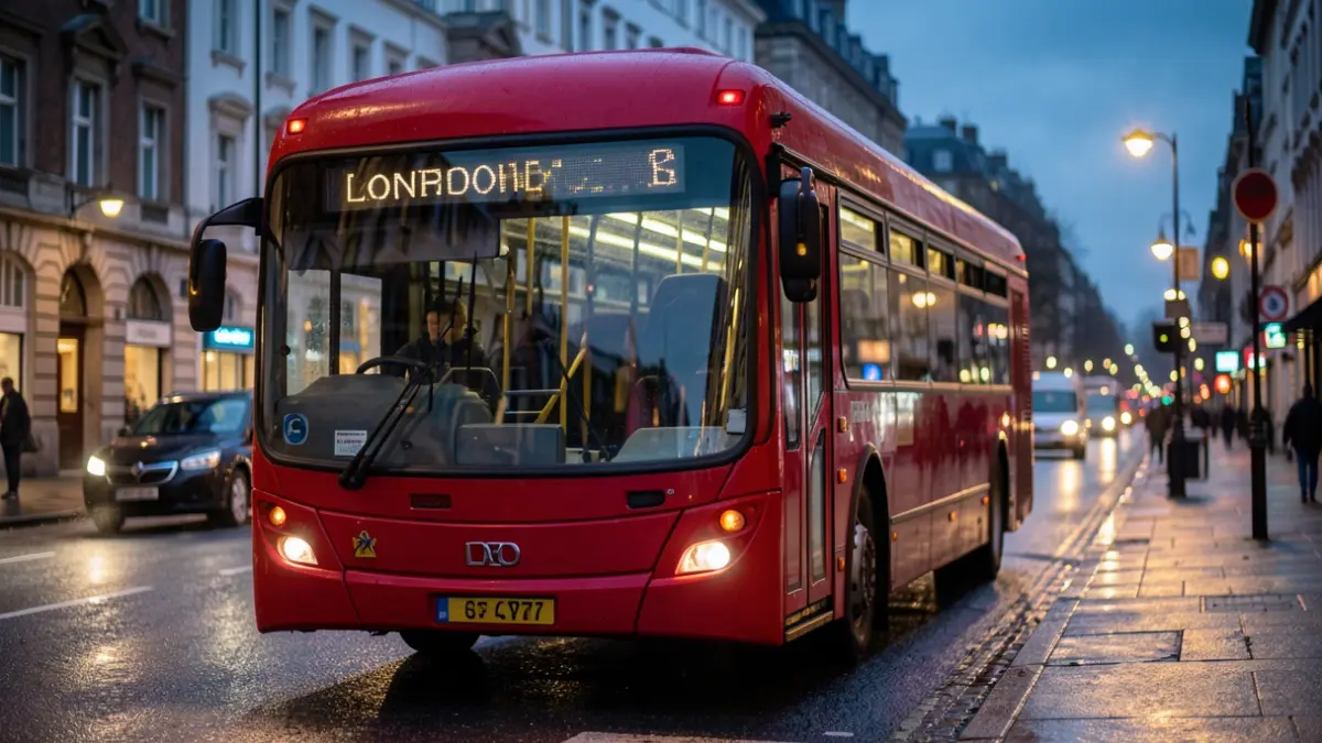 A red London bus driving on a wet street at dusk, with blurred streetlights and buildings in the background.