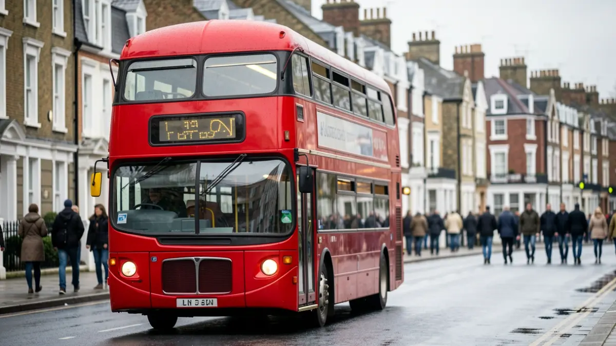 Generic image of a red London bus on a wet street with blurred houses in the background.