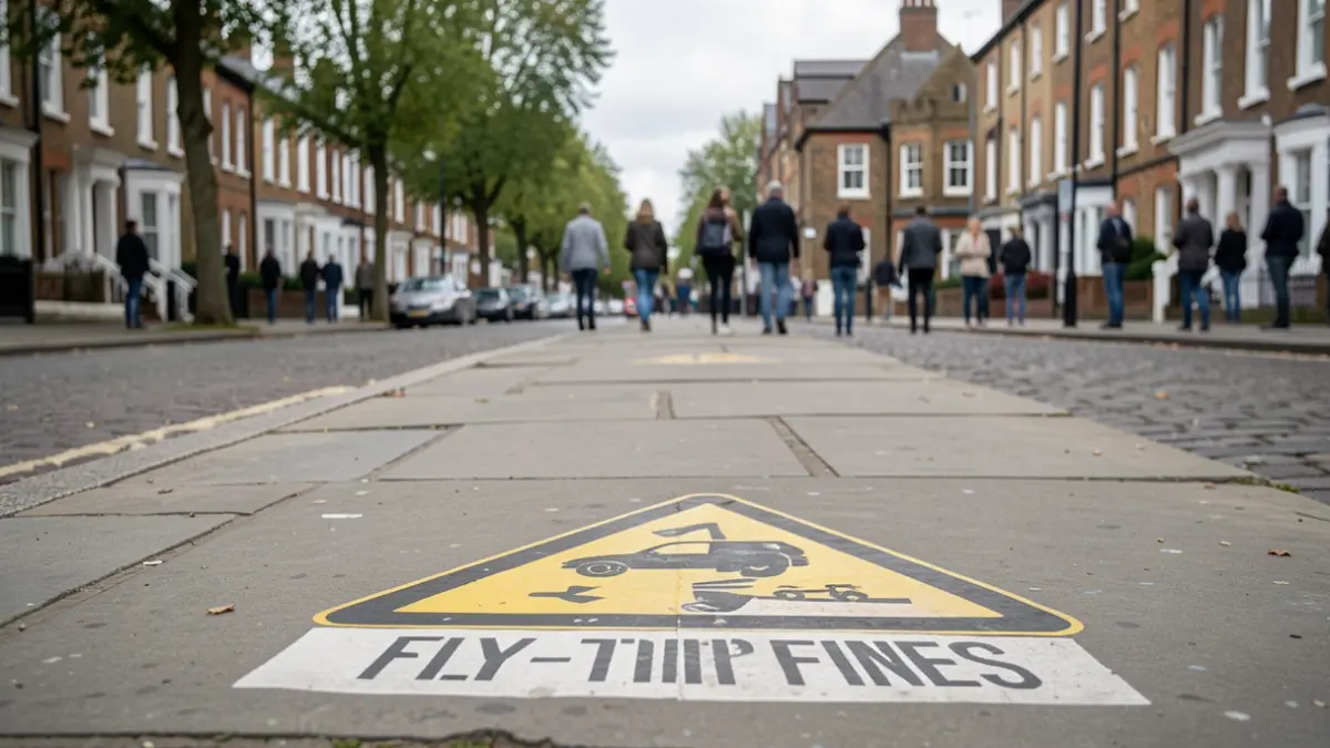 Generic image of a stencil on a pavement warning about fly-tipping fines in a London borough.