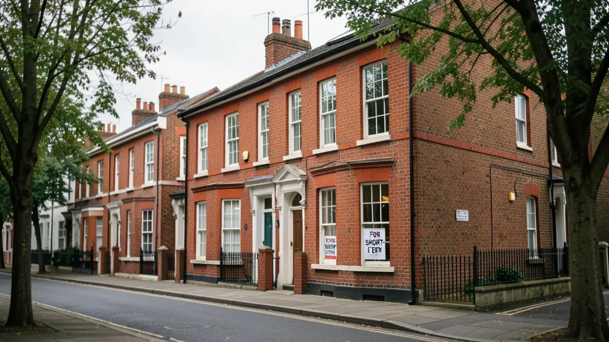 Generic image of a residential house with a sign indicating short-term let.