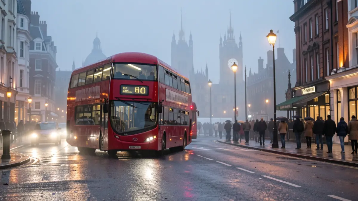Generic image of a red London bus on a wet street at dusk with blurred city lights.