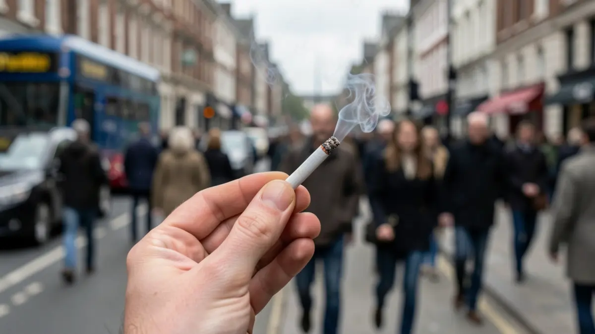 A close-up of a hand holding a cigarette with smoke, with a blurred London street in the background.
