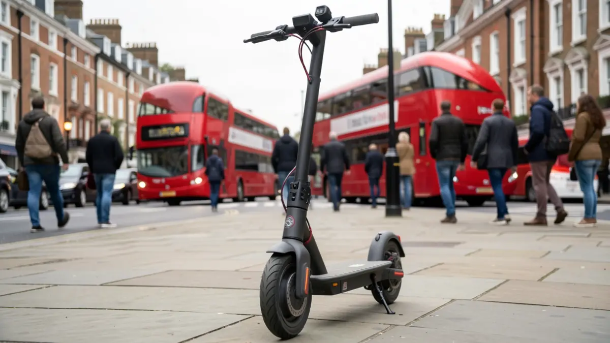 Generic image of an e-scooter parked on a pavement in a London borough, with blurred red buses and buildings in the background.