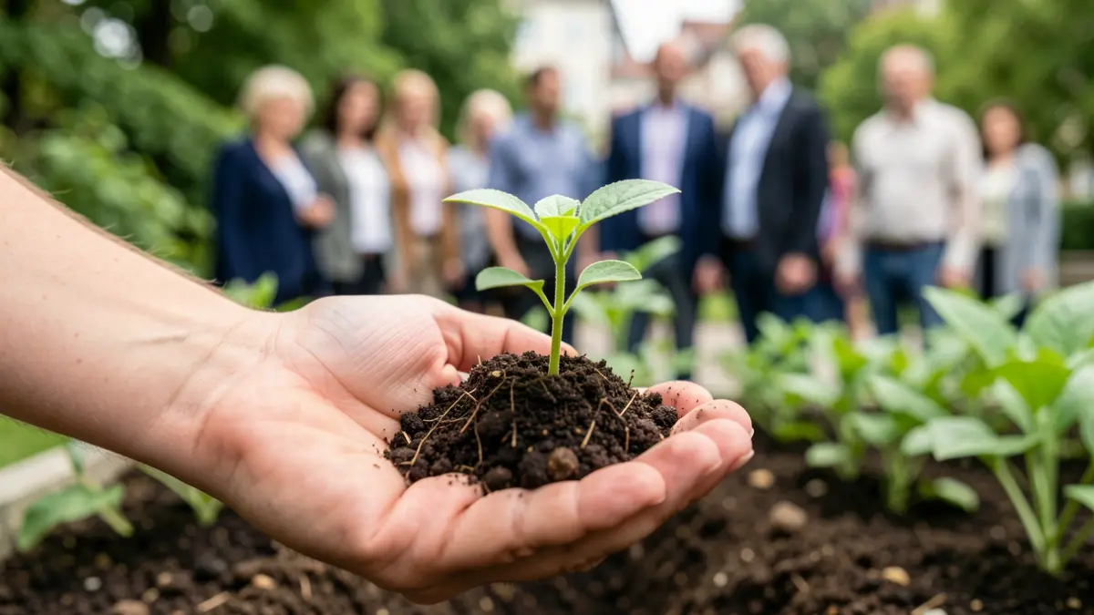 Generic image of a hand holding a small plant seedling with soil, representing environmental action and community growth.