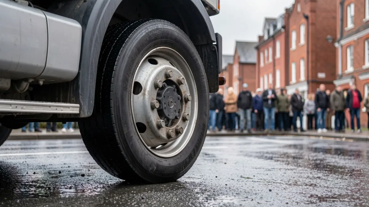 Generic image of a lorry's wheel on a wet road.
