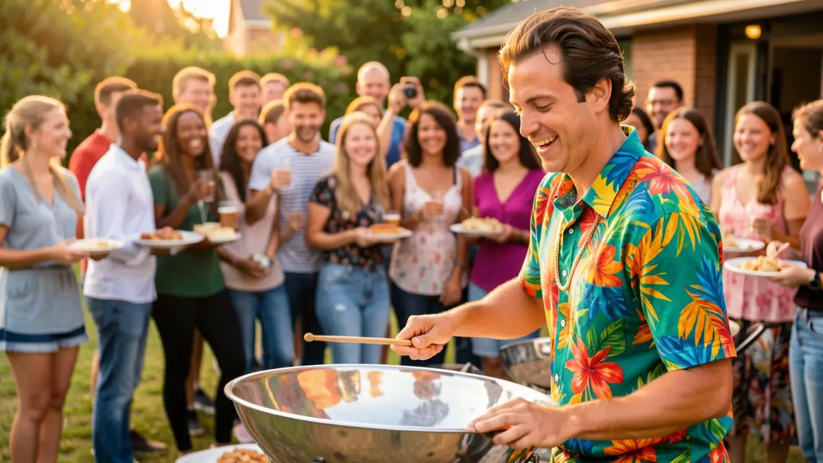 Generic image of a musician playing a steel pan drum at an outdoor event with a diverse crowd.