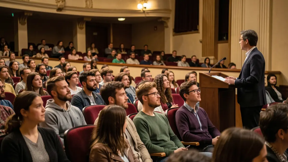 Generic image of a diverse group of students listening attentively in a college theatre during a lecture.