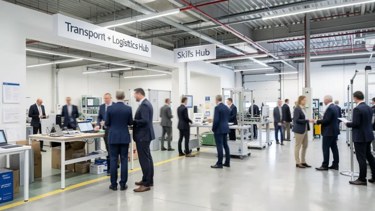 Generic image of a modern logistics training centre interior with signage and blurred figures in the background.