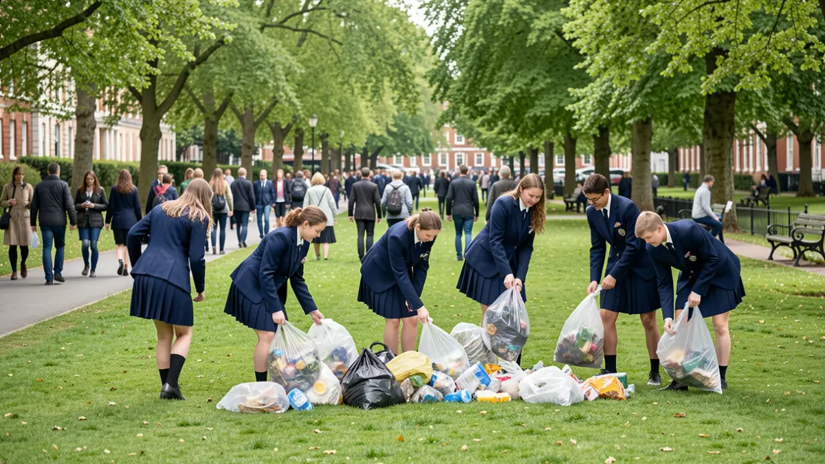 Generic image of students participating in a community clean-up event in a park.
