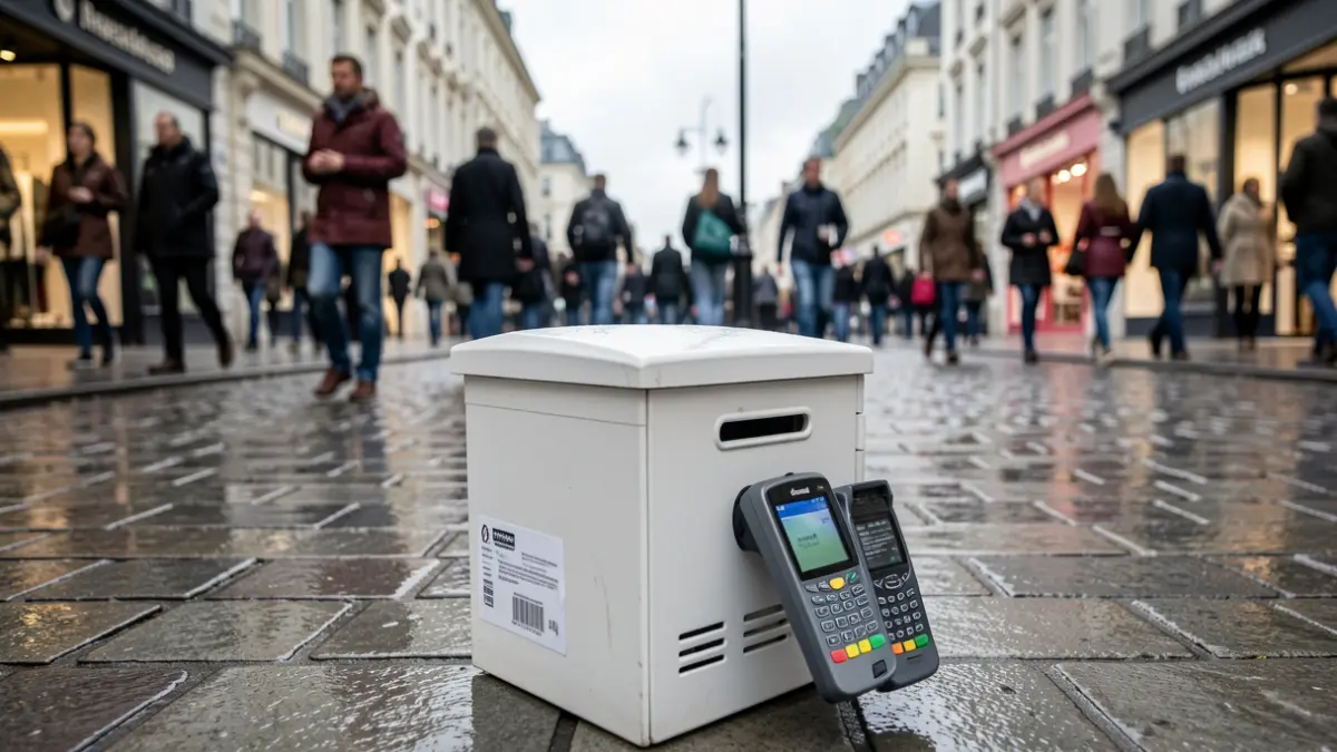 Close-up of a contactless donation box on a wet pavement.