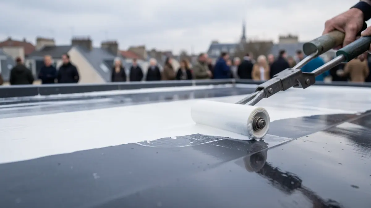 Generic image of a roller applying a white coating to a rooftop.
